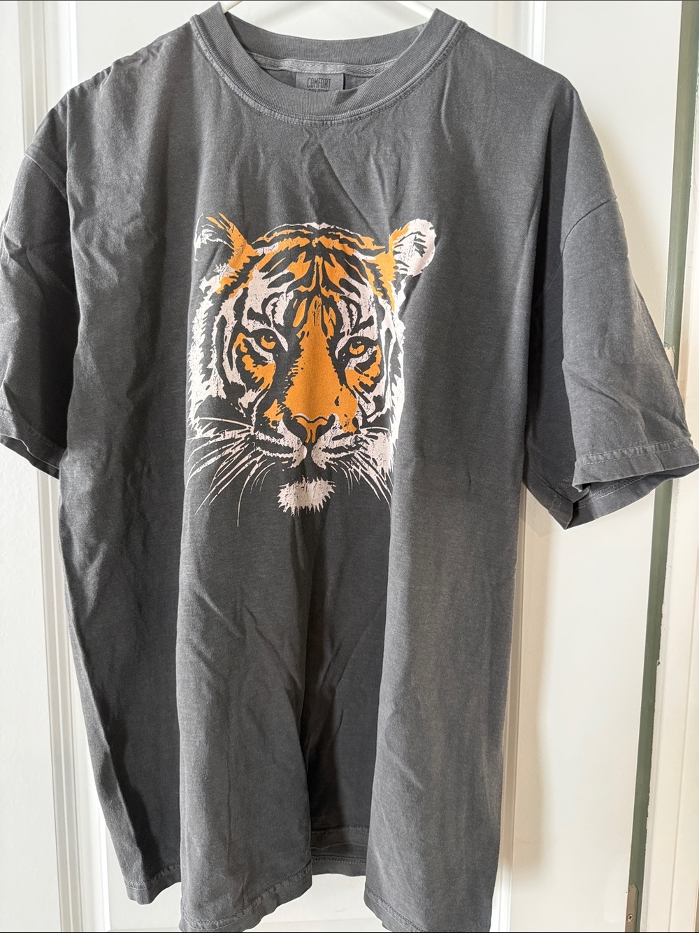 Comfort Colors Charcoal Tee with Orange and White Tiger Graphic